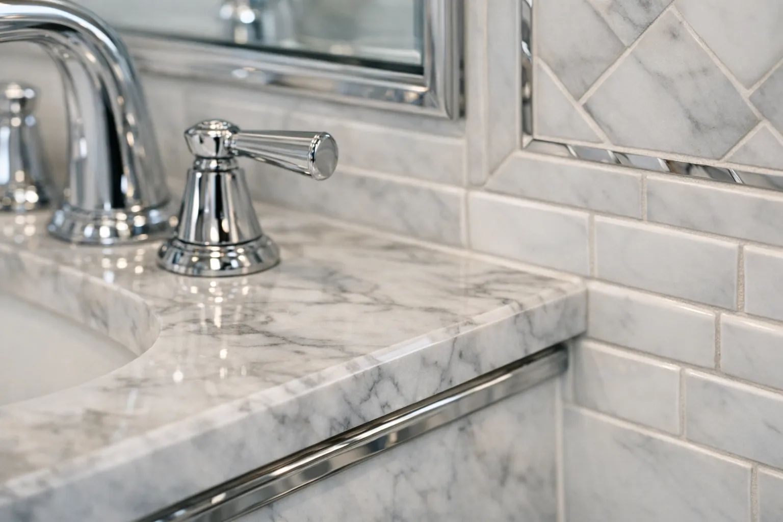 Bathroom tile and fixture detail showing quality craftsmanship