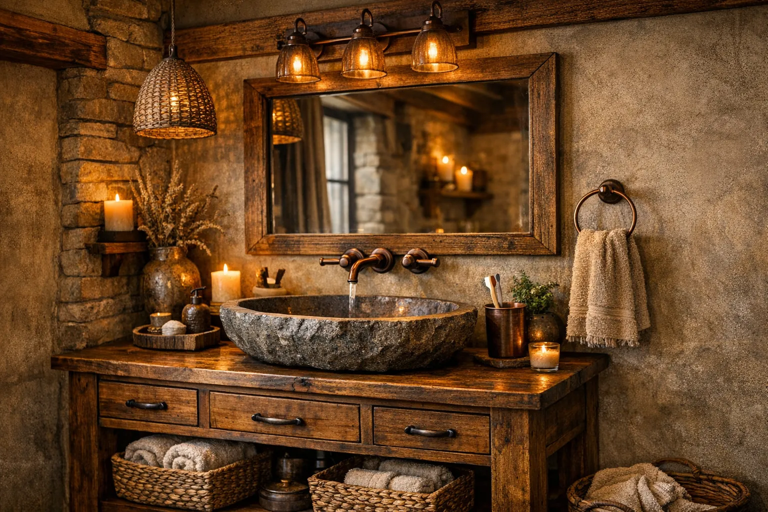 Rustic warm bathroom with wood and natural textures