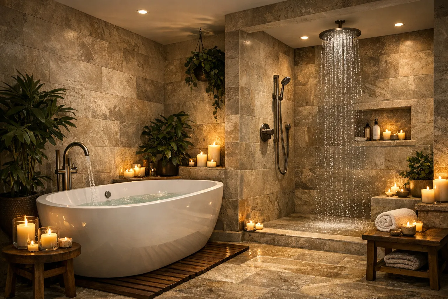 Spa-like bathroom with soaking tub and natural materials