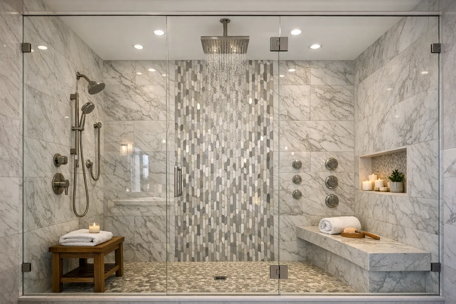 Luxurious walk-in shower with frameless glass