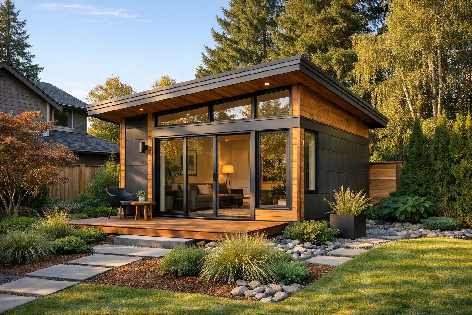 A modern detached ADU backyard cottage with contemporary design