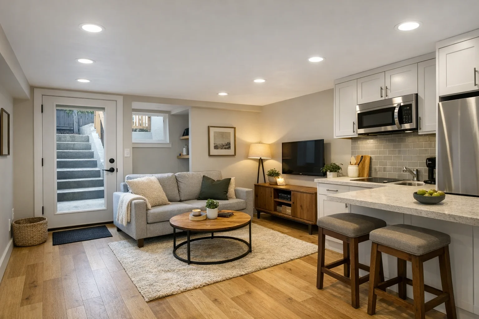 Interior of a finished basement ADU with kitchenette and living area