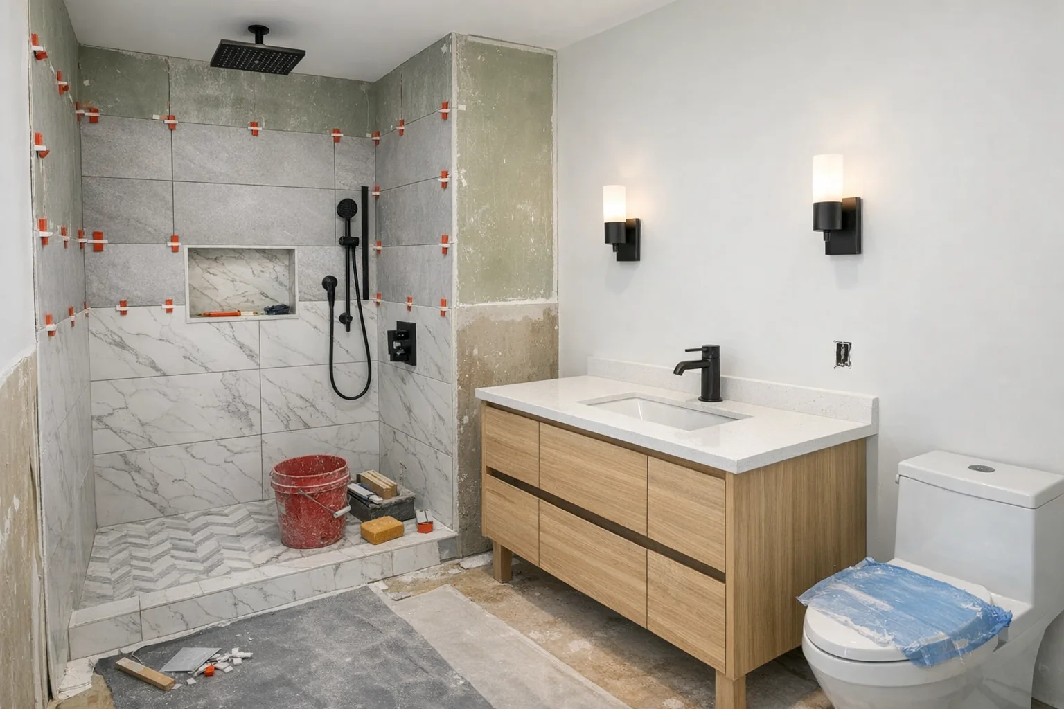Bathroom renovation in progress with tile work being installed