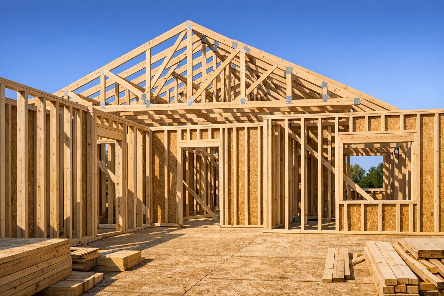 Home construction framing phase with wall studs and roof trusses visible
