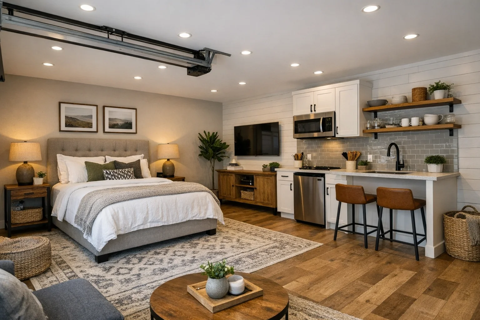 A completed garage conversion transformed into a cozy living space