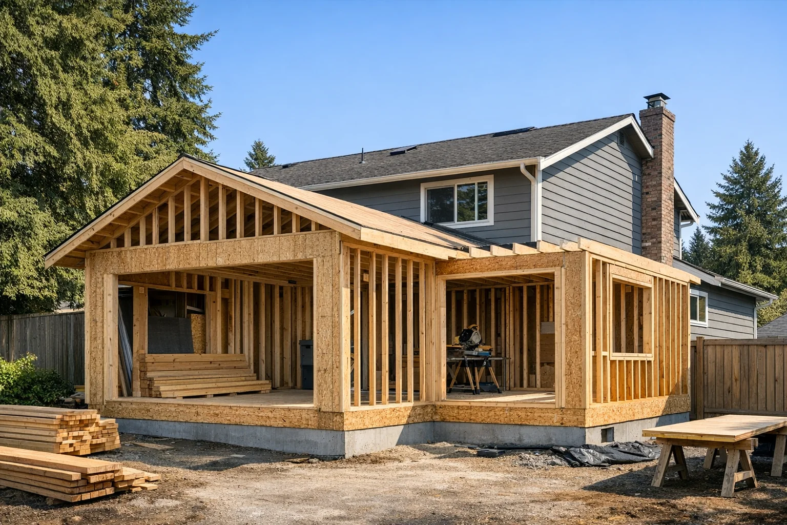 A home addition under construction showing framing attached to an existing house