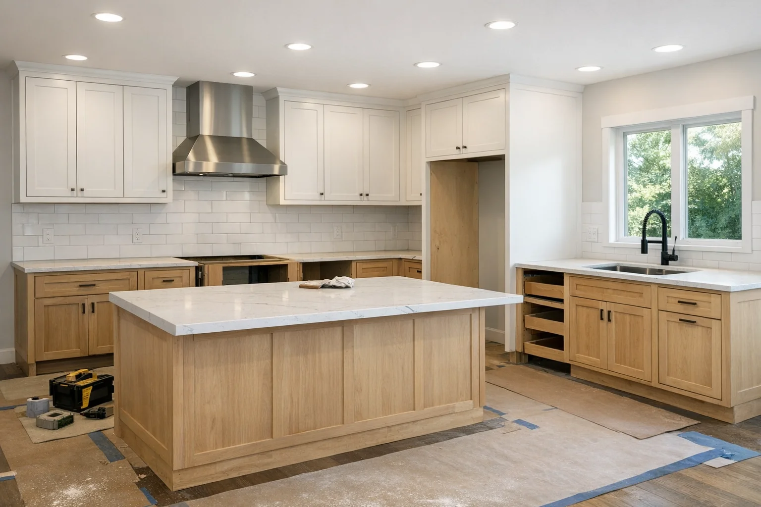 Kitchen renovation in progress with new cabinets being installed