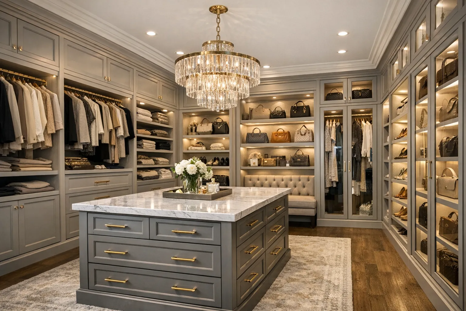 Luxury walk-in closet with custom built-ins and center island