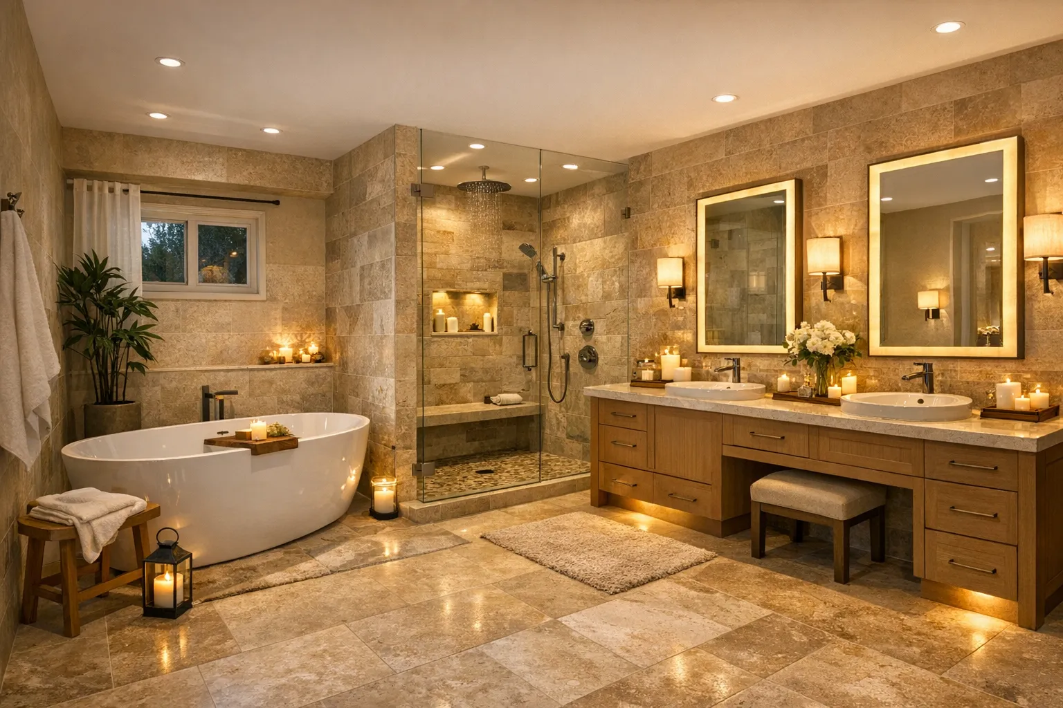 Spa-like primary bathroom with freestanding tub and walk-in shower