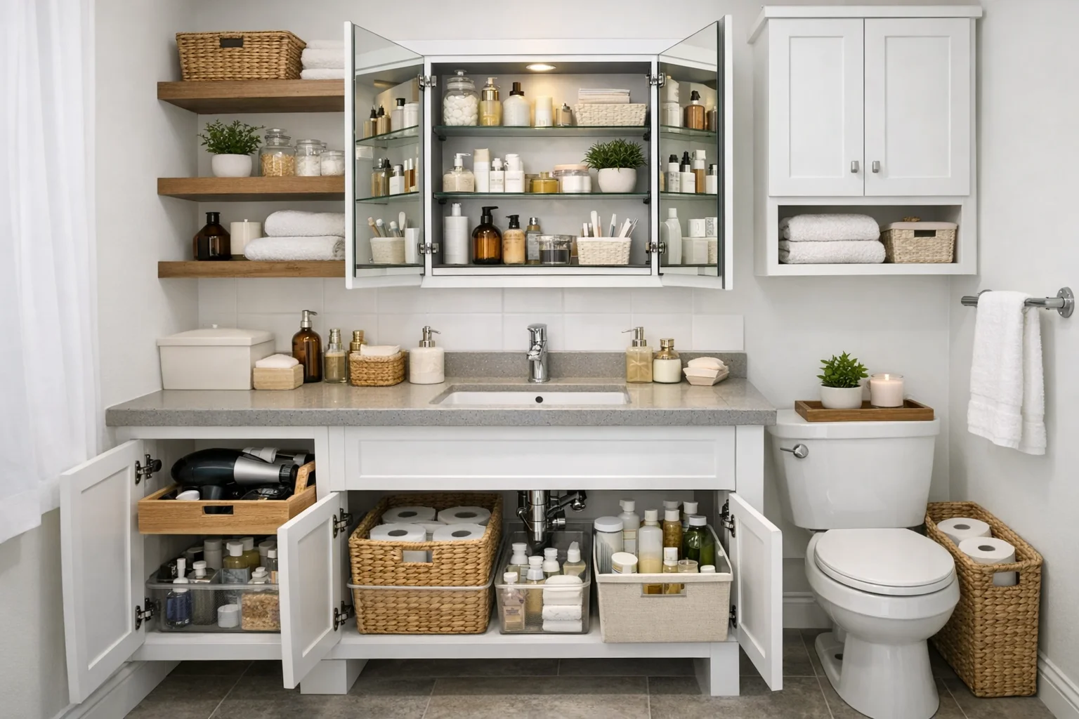 Small bathroom with smart storage solutions maximizing every inch