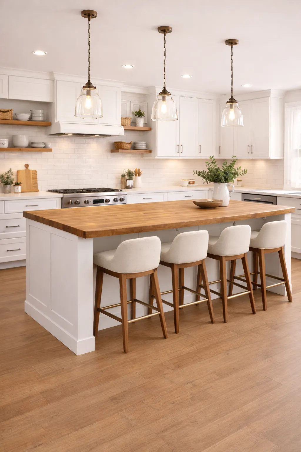 Modern farmhouse kitchen with white shaker cabinets and butcher block