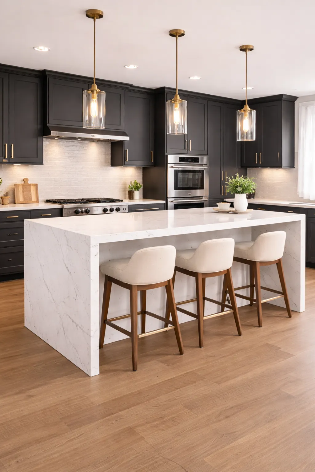Modern contemporary kitchen with dark cabinets and gold accents
