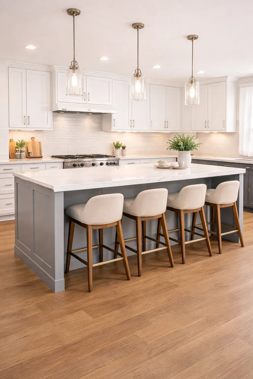 Transitional kitchen with white cabinets and gray island