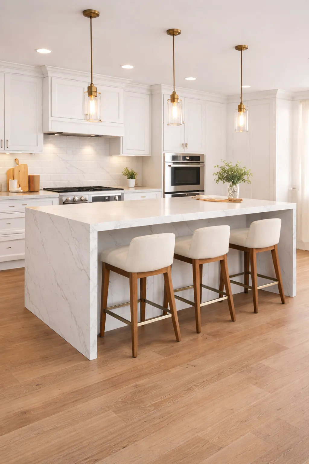 Stunning kitchen island with waterfall countertop