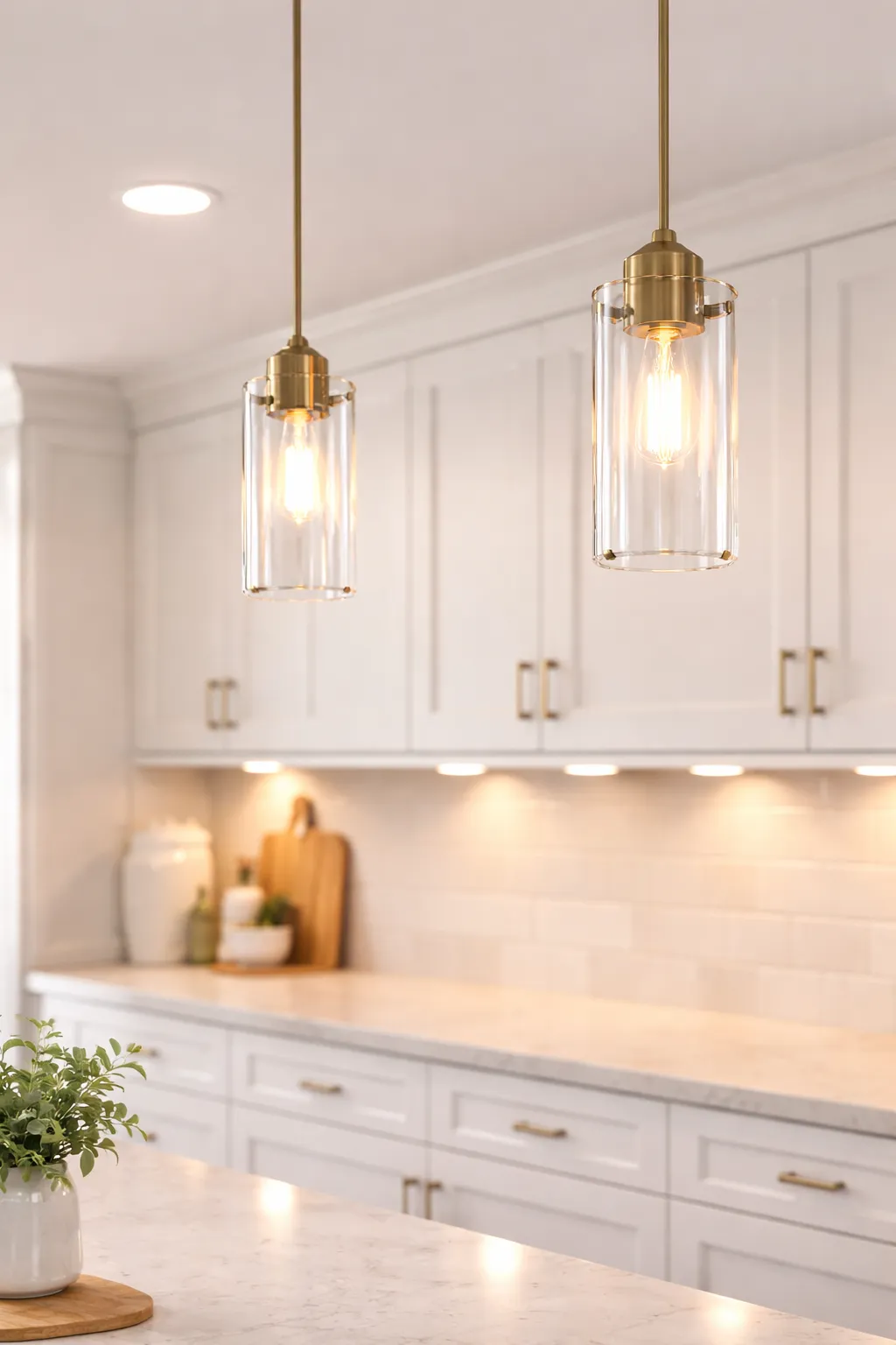 Modern kitchen pendant lights creating warm ambiance