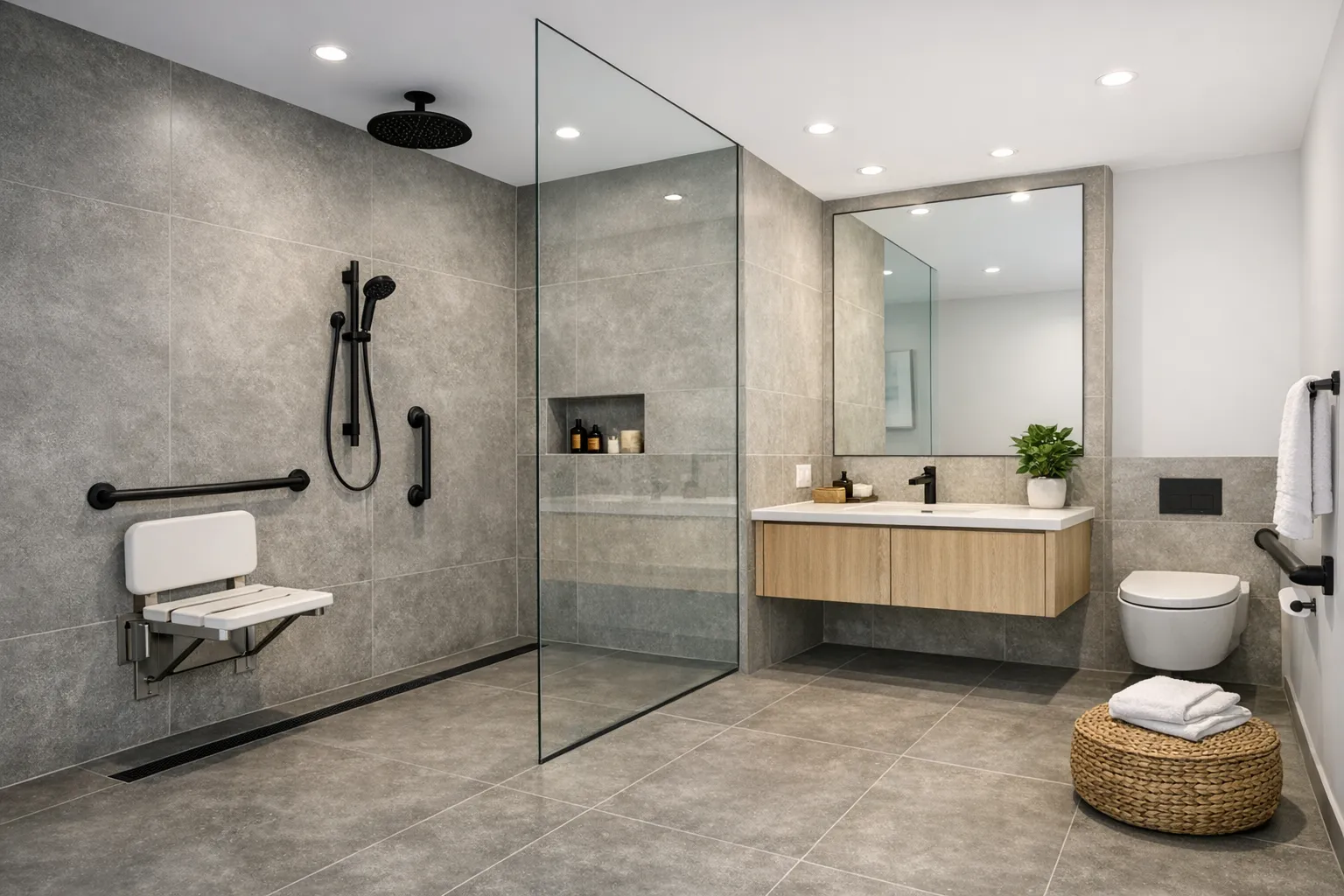 Modern wet room bathroom with curbless shower
